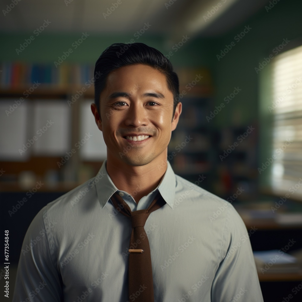 A confident Asian American female teacher with cinematic lighting, shot on an Arri Alexa 35 using a Ziess Digi Prime 40mm. Generative AI. A confident Asian American female teacher with cinematic lighting, shot on an Arri Alexa 35 using a Ziess Digi Prime 40mm. Generative AI.