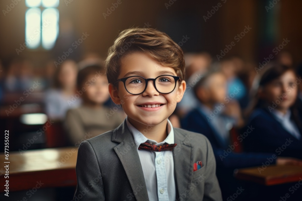 Fototapeta premium A young boy wearing glasses and a bow tie. Generative AI.