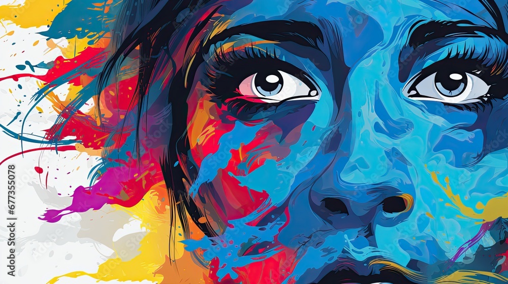 A colorful portrait of a young woman. Psychedelic drawing of a woman's face.