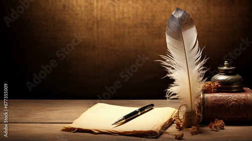 Quill on aged paper with inkpot, dried flowers, and leather