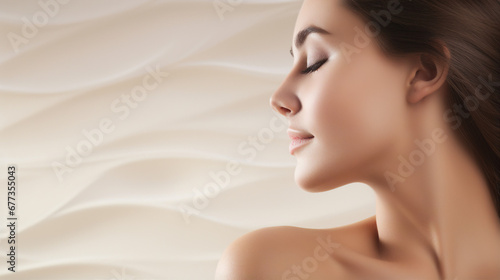 Close-up of woman's face with flawless skin, cream swirl background