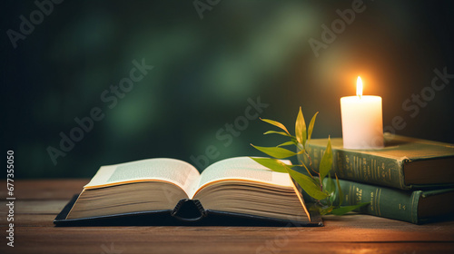 Open book with candle and leaves, peaceful wooden setting