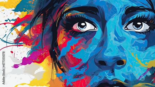 A colorful portrait of a young woman. Psychedelic drawing of a woman's face. © Login