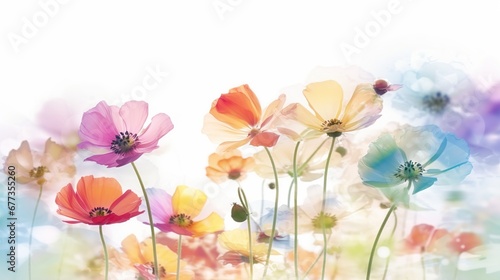Glade with blooming bright flowers in watercolor style on white background.  Fresh spring flowers. Illustration for cover  card  postcard  interior design  poster  brochure or presentation.