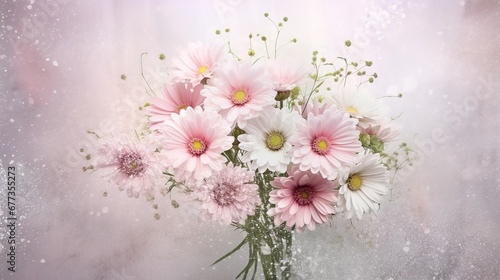 Bouquet of pink and white gerberas. A gift for a holiday. Fresh flowers. Illustration for cover, card, postcard, interior design, poster, brochure or presentation.