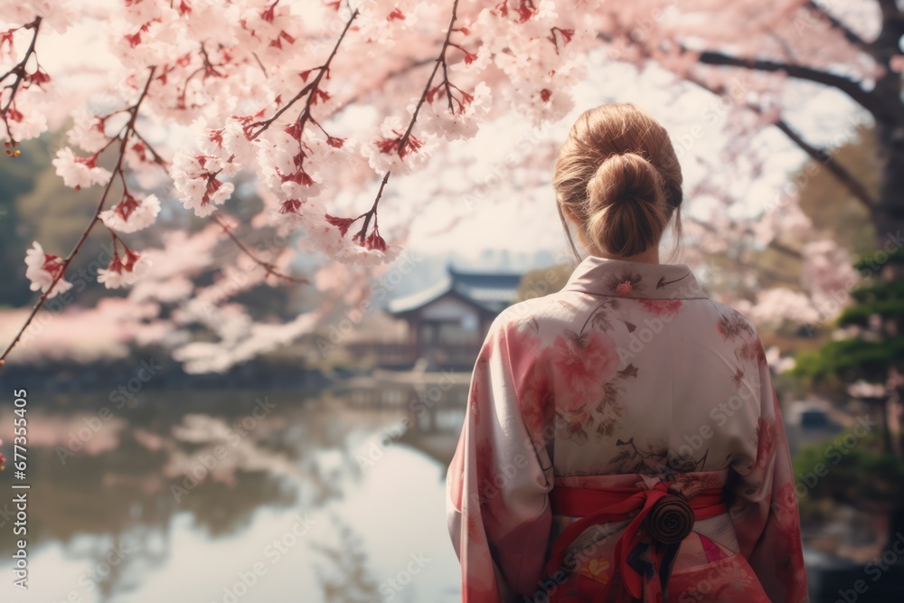Back view of beautiful Japanese woman dressed in traditional Kimono in blooming cherry blossom woods in Spring. Spring seasonal concept. Back view of beautiful Japanese woman dressed in traditional Kimono in blooming cherry blossom woods in Spring. Spring seasonal concept.