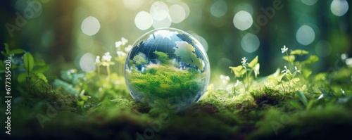 A glass globe sitting on top of a lush green field. Generative AI. photo
