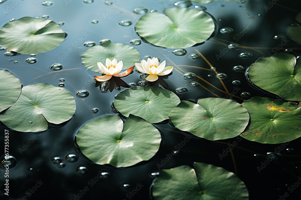 Dew-speckled lotus leaves floating in a serene pond Dew-speckled lotus leaves floating in a serene pond