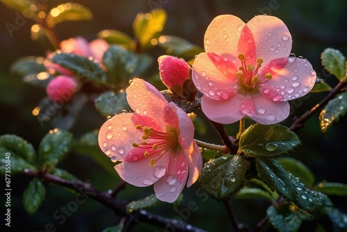 Dew-soaked leaves of a flowering quince at dawn