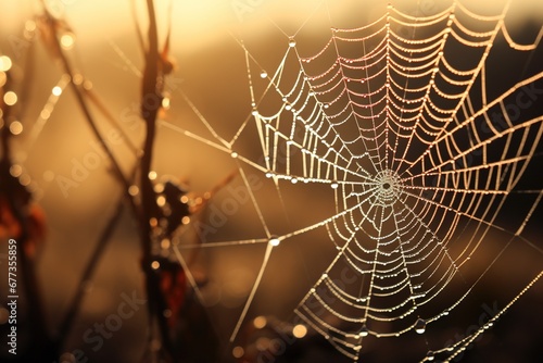 Dawn light piercing through a dewy spider web