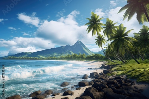 Beautiful seascape with island, sand beach and palm trees in tropical sea.