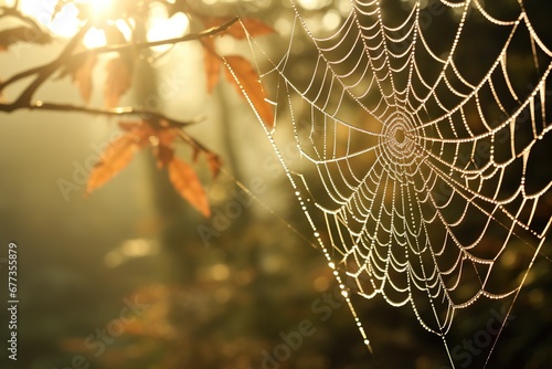 Dawn light piercing through a dewy spider web