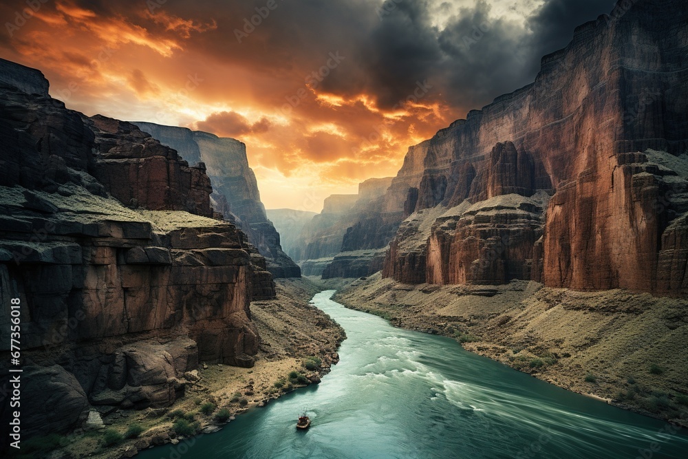 Dramatic monsoon clouds gathering over a canyon carved by a turquoise river