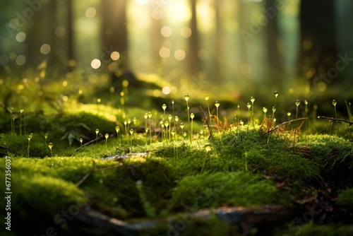 Dew-kissed moss carpet in forest dawn light