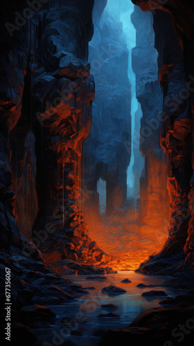 panoramic view of ice cave blue and red lights photo