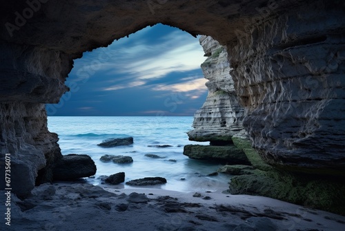 Dramatic moonrise over the ocean, as viewed through a natural limestone arch