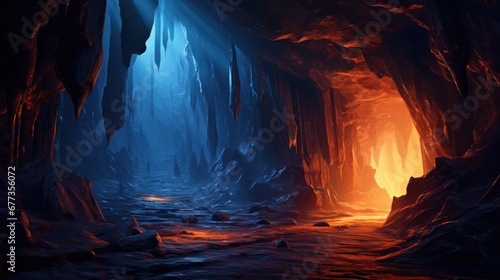 panoramic view of ice cave blue and red lights