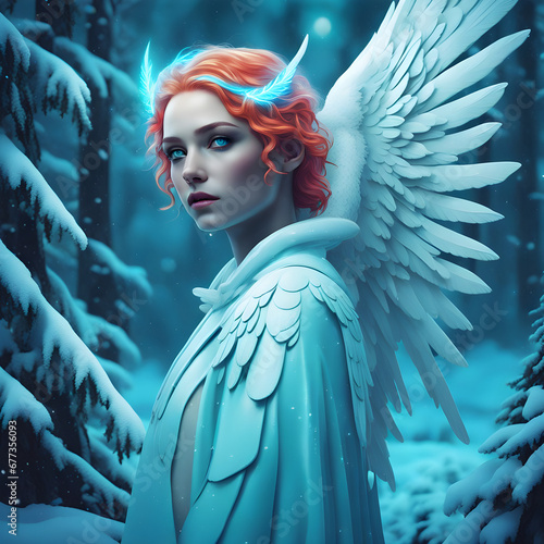 Female beauitiful girl as an angel of frost photo