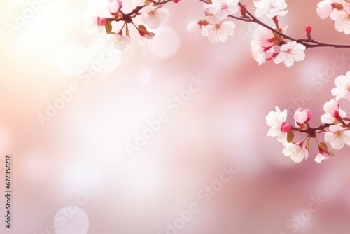 Close-up view of pink cherry blossom in Spring with blurred bokeh background space for text. Spring seasonal concept.