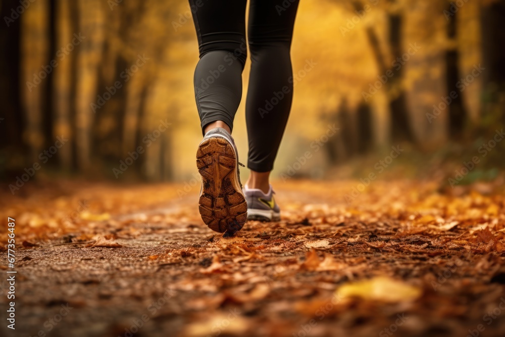An athletic young girl jogging in Autumn woods with beautiful Fall foliage colors. Autumn seasonal concept.