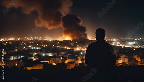 Man looks at the city at night with smoke from a chimney