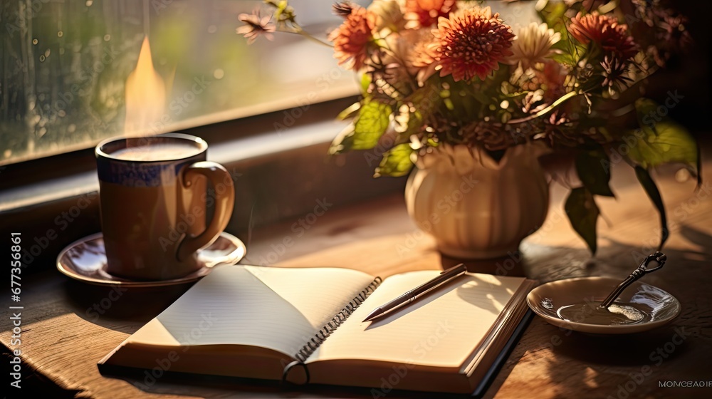 a cup of coffee and a book on a window sill with a vase of flowers in the window sill.