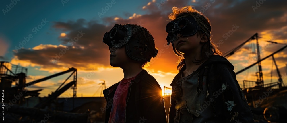 Fototapeta premium A couple of kids wearing pirate clothes standing on a boat. Generative AI.