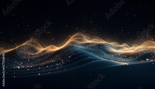 Mysterious and futuristic particle system wave. Dark and minimalistic wallpaper glowing wave lines. Concept of energy flow and information technology. 