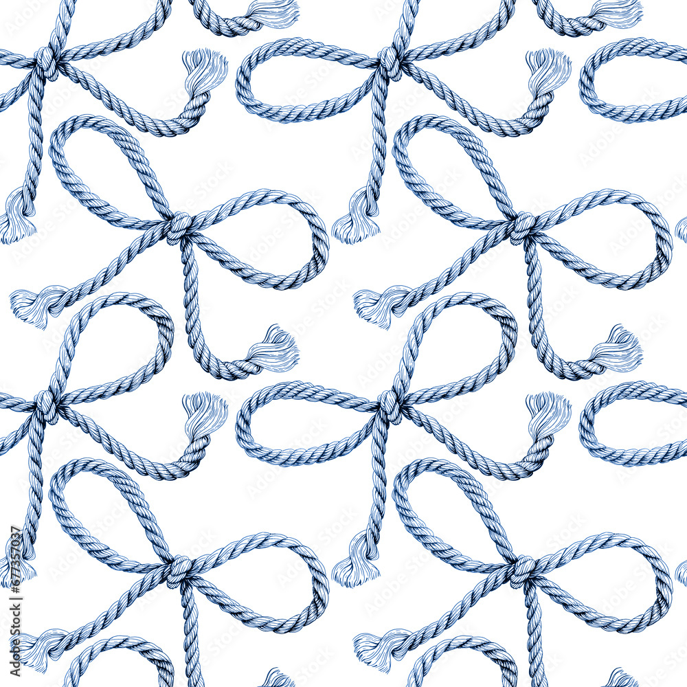 Seamless pattern of rope cords with bow knots. Hand drawn illustration. Hand painted realistic elements indigo on white background. - obrazy, fototapety, plakaty 