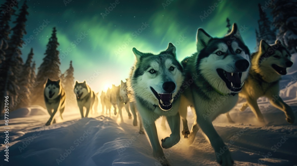 Naklejka premium A group of husky dogs running in the snow. Generative AI.