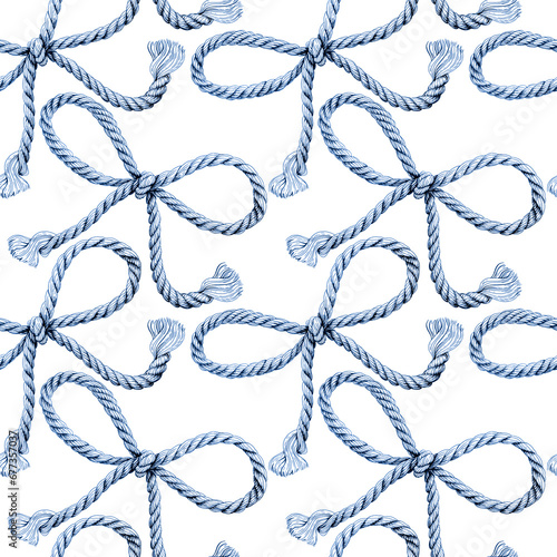 Seamless pattern of rope cords with bow knots. Hand drawn illustration. Hand painted realistic elements indigo on white background.