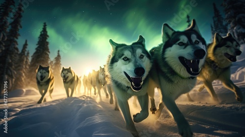 A group of husky dogs running in the snow. Generative AI.