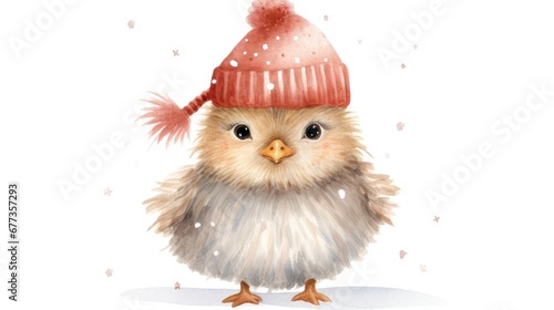  a watercolor painting of a small bird wearing a red knitted hat with a pom pom on it's head. © Olga