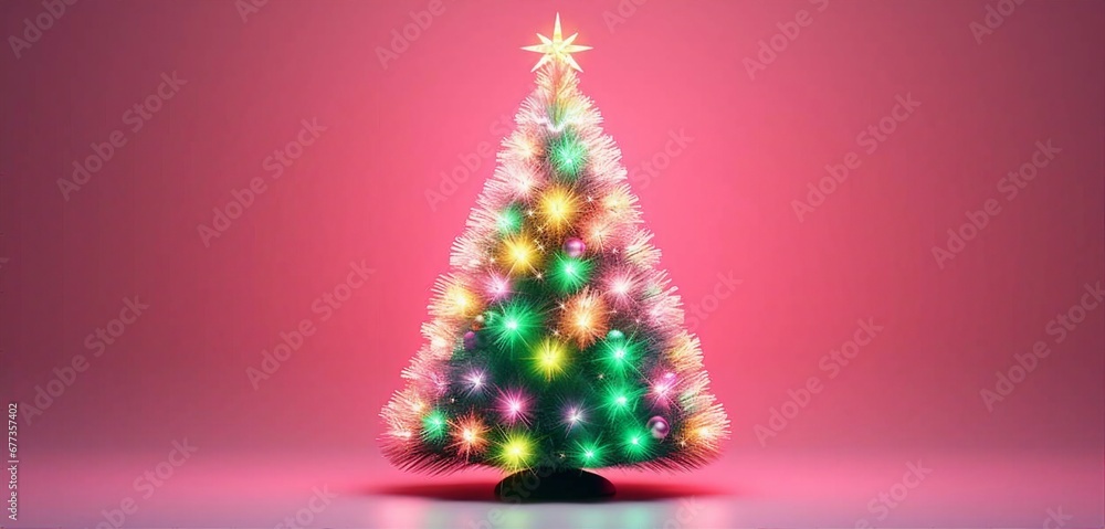 Christmas tree with multicolored lights and stars on pink background with copy space. Christmas tree with multicolored lights and stars on pink background with copy space.