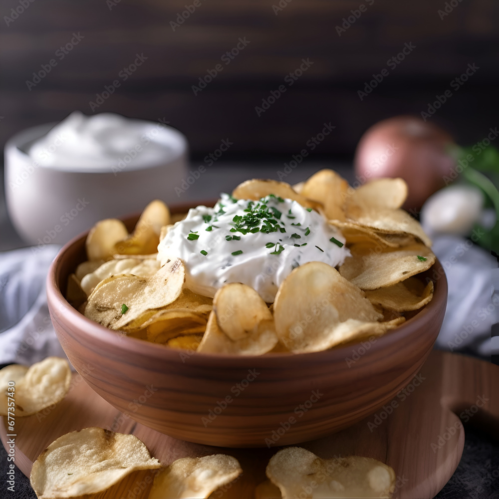 Potato chips with sour cream and parsley on a wooden background. Selective focus.