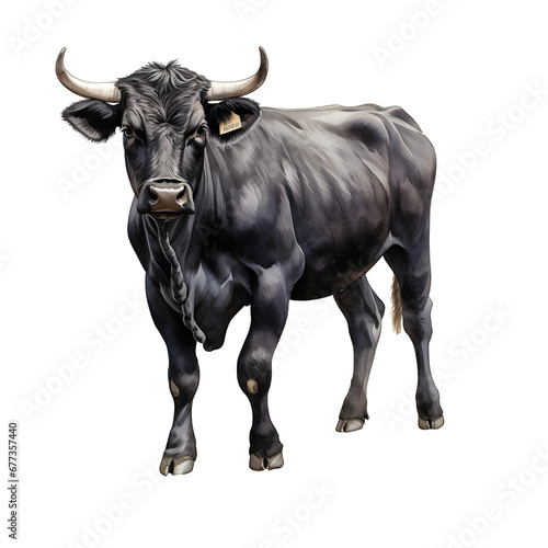 Artistic illustration of a black cow with horns. Detailed strokes. No background  transparent png