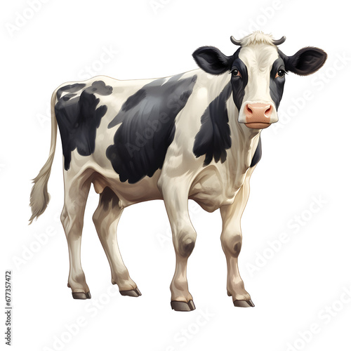 Artistic illustration of a black and white cow with horns. Detailed strokes. No background  transparent png