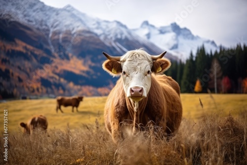 Close-up view of a cow in ranch grass land with snow mountain and Autumn forest. photo