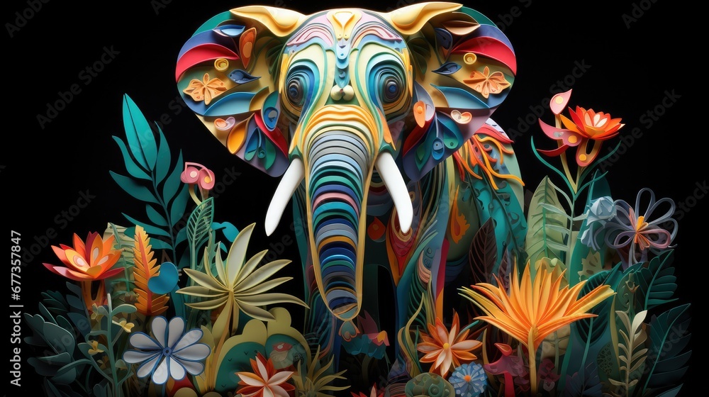 A paper colorful elephant standing in a field of flowers. Generative AI. A paper colorful elephant standing in a field of flowers. Generative AI.
