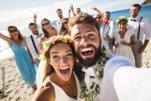 Happy people taking selfie at a beach party. Summer tropical vacation concept.