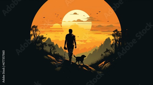 man hiking with dog a trail through the mountains, t shirt design, 16:9