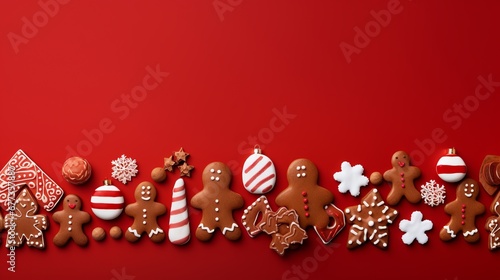 ginger breads, flat red background, concept: Christmas time, copy space, 16:9