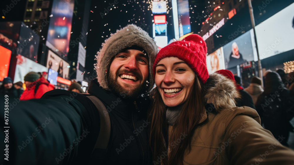 New year's eve celebration. Caucasian couple smiling while taking selfie and celebrating happy new year in Times Square New year's eve celebration. Caucasian couple smiling while taking selfie and celebrating happy new year in Times Square