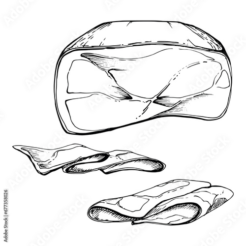 Hand drawn vector ink illustration. Ham prosciutto bacon jamon, cured meat product slice. Single object isolated on white. Design for restaurant, menu, cafe, food shop or package, flyer, print.