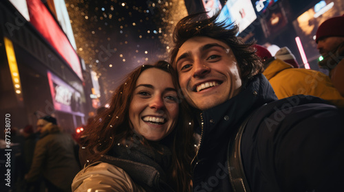 New year's eve. Couple smiling while taking selfie and celebrating happy new year in Times Square