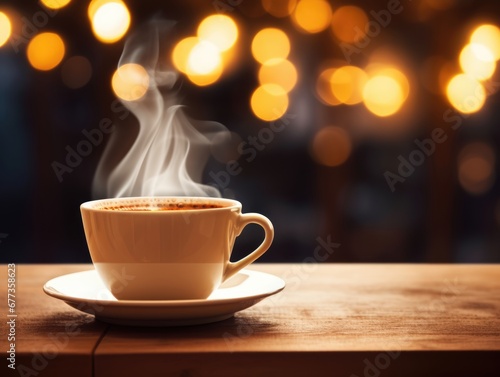 Close-up view of a cup of hot coffee on wood table at home with Christmas tree background bokeh in winter. Winter seasonal concept.