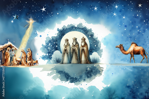 Peinture aquarelle, arrivée des 3 rois mages dans l'étable de Bethléem, pour la naissance de Jésus, en suivant l'étoile du Berger, un dromadaire ferme la marche. Background bleu avec espace texte. photo