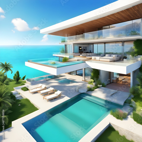 An ultra modern mega villa by the sea with swimming pool and open space in a tropical paradise © Michael