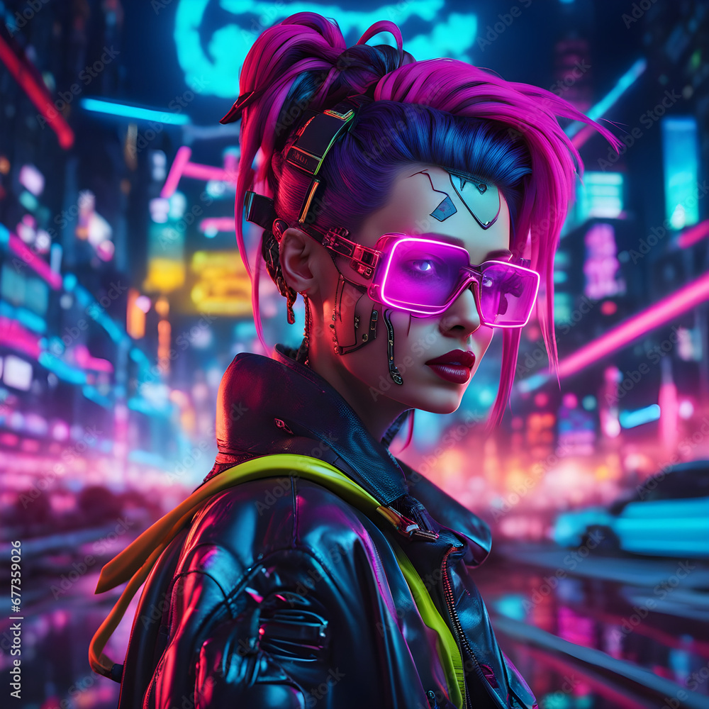 Woman in the style of iconic cyberpunk culture in city with neon lights Woman in the style of iconic cyberpunk culture in city with neon lights