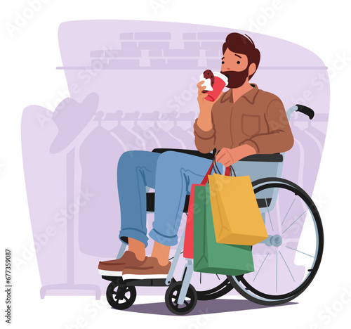 Man In A Wheelchair Confidently Browses Clothing Racks, Showcasing His Determination And Style, Vector Illustration